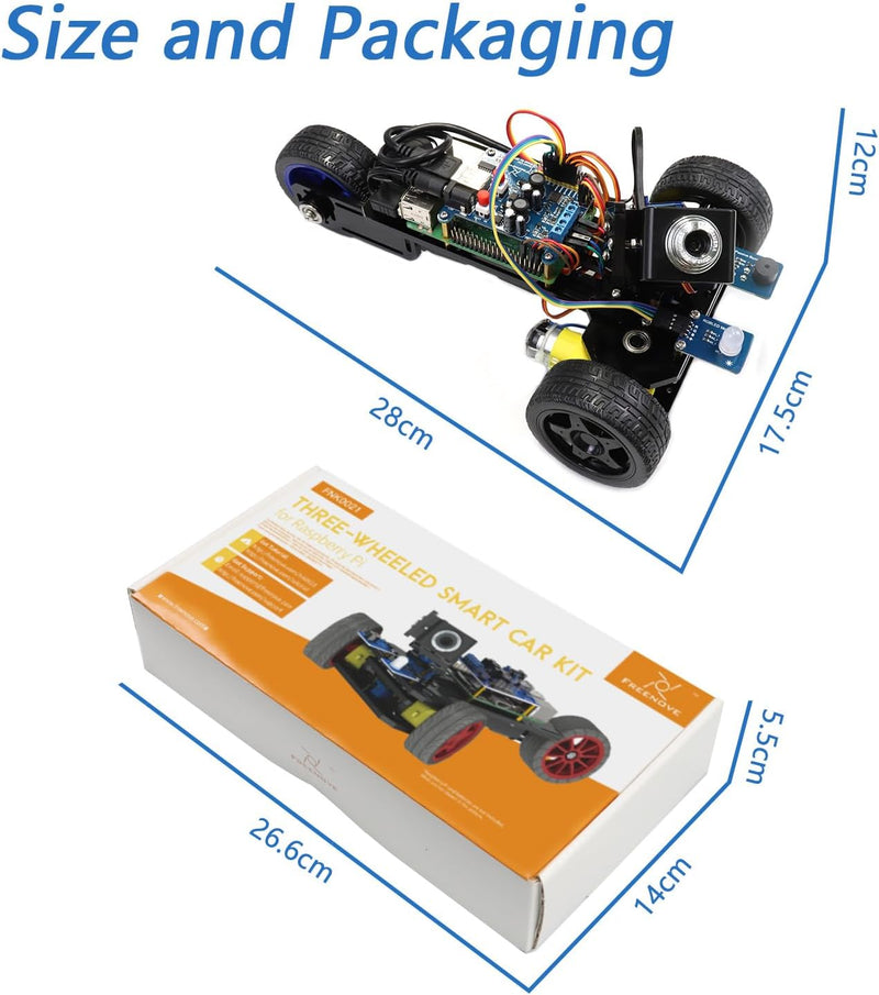 FREENOVE Three-Wheeled Smart Car Kit for Raspberry Pi 5 4 B 3 B+ B A+, Robot Project, App Control, L