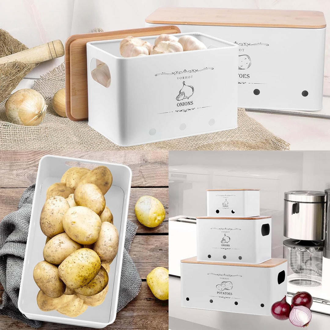 Kartoffel Aufbewahrungsbox, 3er Set Zwiebel Kartoffel Knoblauch Aufbewahrung, Kartoffelbox mit Decke