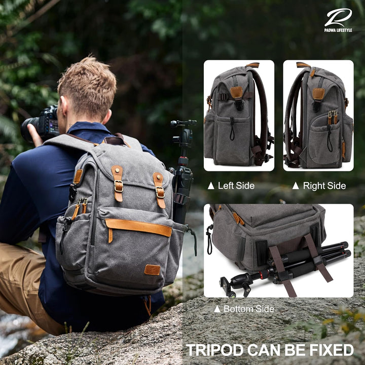 Padwa Lifestyle Kamerarucksack - Gewachstem Memory Canvas mit 16“ Laptop-/Objektivfach und Stativfac