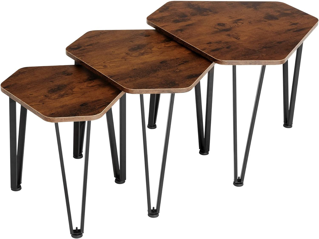 tectake Beistelltisch 3er Set, sechseckiger Couchtisch in 3 Grössen, Industrie-Stil, Holz Satztische