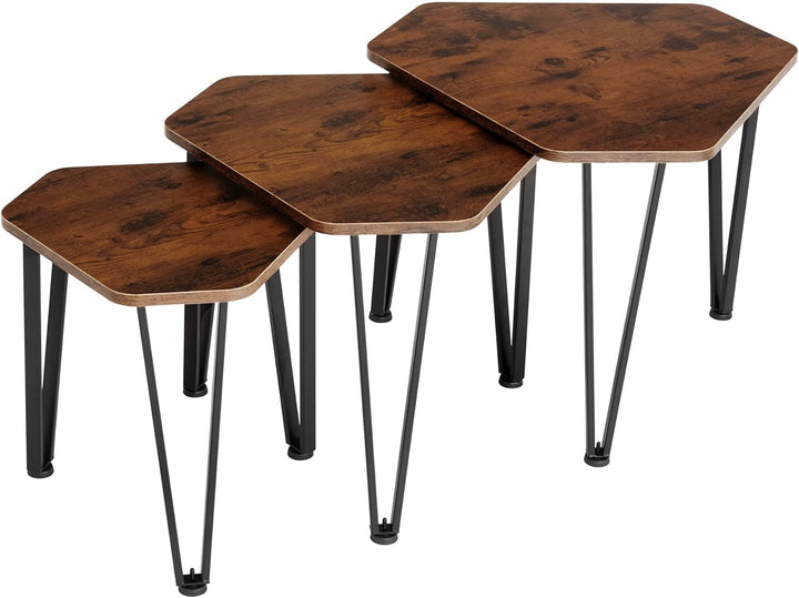 tectake Beistelltisch 3er Set, sechseckiger Couchtisch in 3 Grössen, Industrie-Stil, Holz Satztische