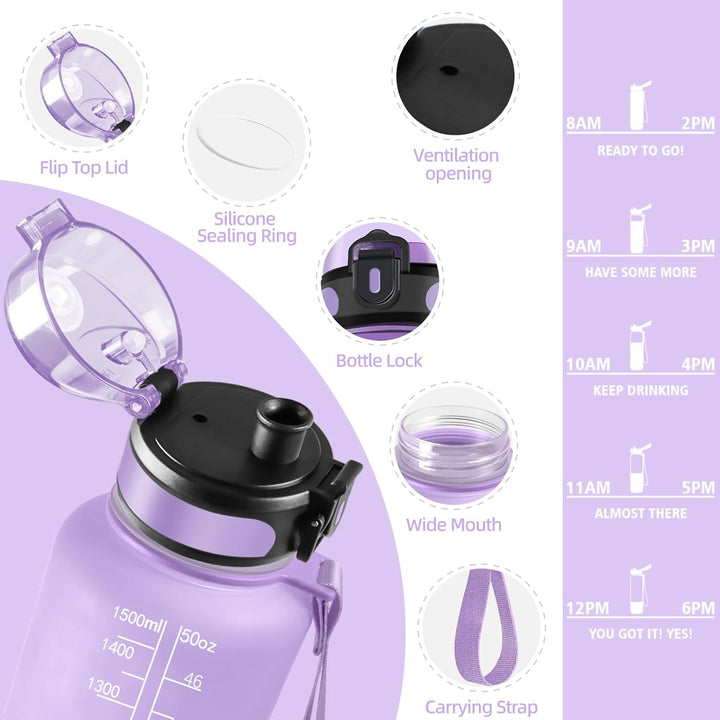 HoneyHolly Trinkflasche 1500ML, Auslaufsicher mit Zeitmarkierung, Water Bottle, Trinkflaschen mit Fi