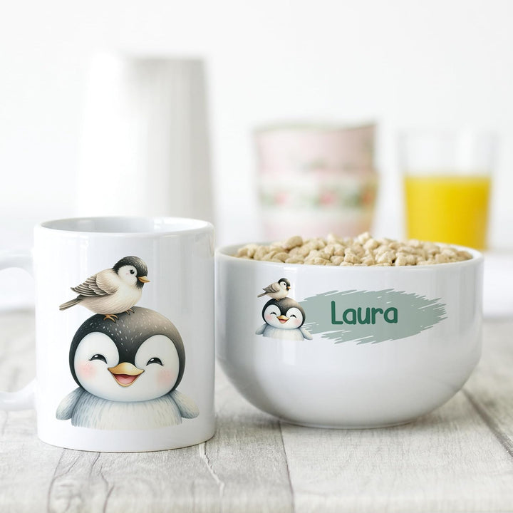 GRAZDesign Frühstückset Tasse mit Müslischale personalisiert für Kinder Pinguin Motiv aus Keramik -