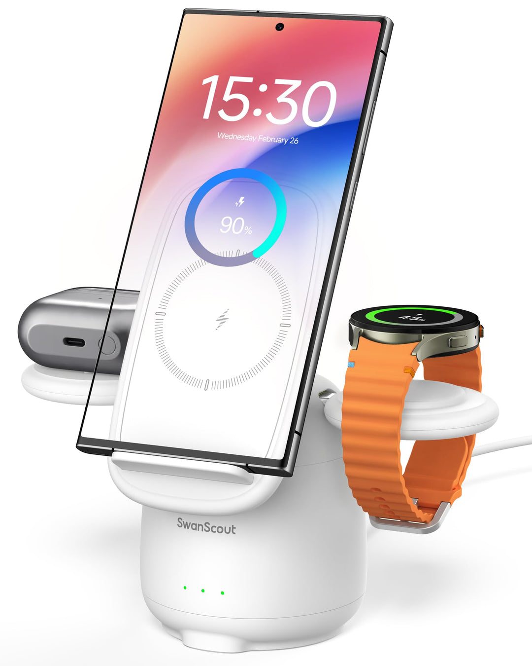SwanScout Induktive Ladestation für Samsung S26+, 3 in 1 Wireless Charger für Samsung S25/S24/S23/Z