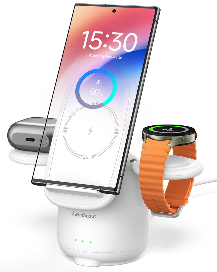 SwanScout Induktive Ladestation für Samsung S26+, 3 in 1 Wireless Charger für Samsung S25/S24/S23/Z