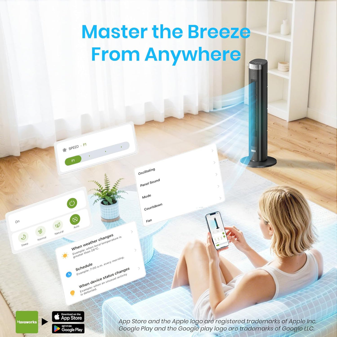 Leiser Ventilator, 23dB Smart Turmventilator, 90° Oszillation Tower Fan, 4 Stufen & 4 Modi, 12H Time