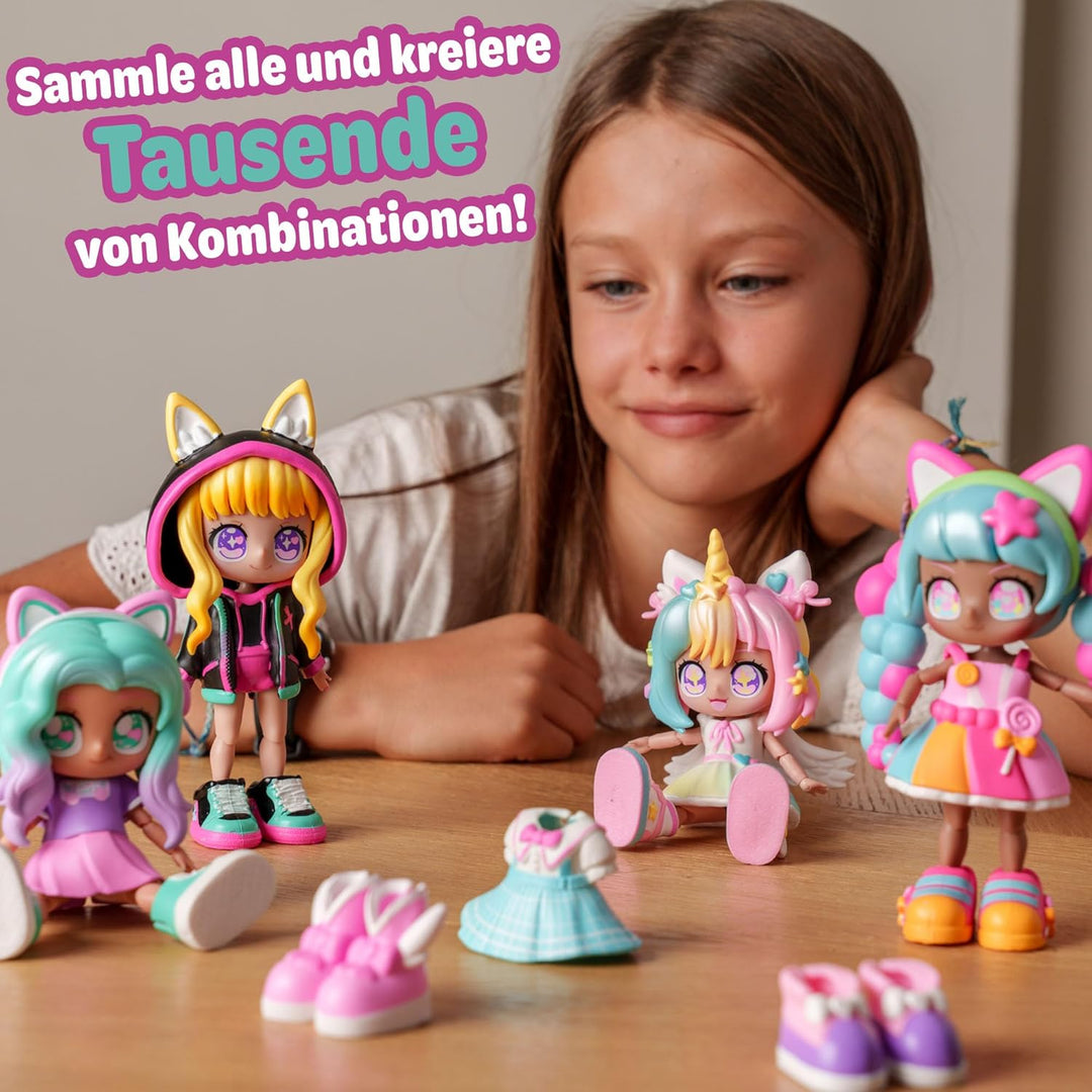 BANDAI - Animakii Lollipop und Bubblegum - Set Personalisierbare Puppen - 1 Puppe, 4 Gesichter, 2 Fr