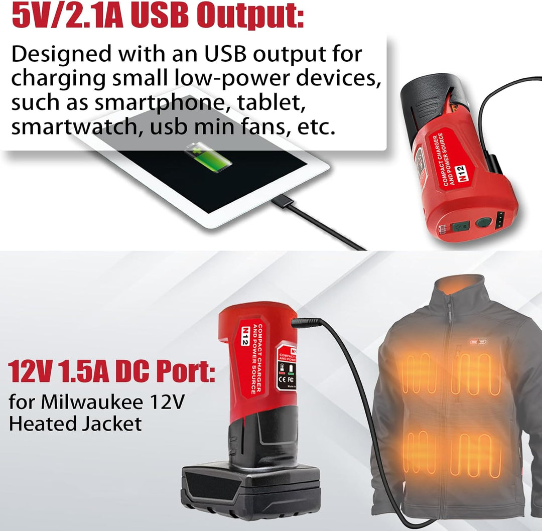 Upgrade für M12 USB Power Source Ladegerät Adapter, für Milwaukee 12V Akku, Typ-C Eingang, USB Ausga