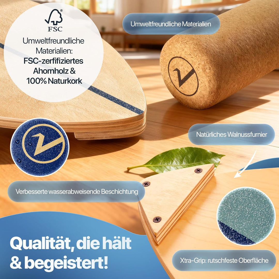 Balance Board aus Holz in Surfboard Form inkl. Rolle für Neuromuscular Response Training +Plus: Halt