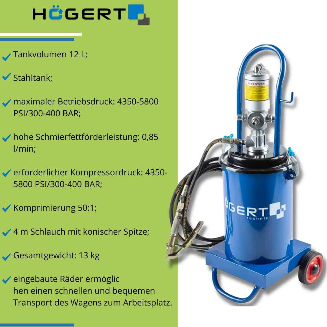 Högert Technik - Pneumatischer Fettpresse 12l | Stahltank | Pneumatische Fettpump Fettfüllpumpe | 30
