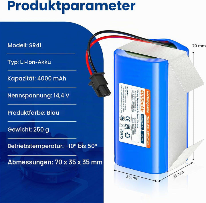 4000mAh 14,4V Akku für Honiture G20 Pro, Eufy Robovac L35 LR30 LR20 Hybrid, CMICR18650F9M-4S1P, für