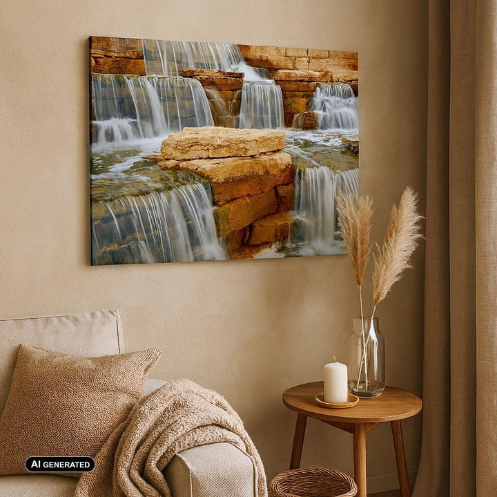 Bilder auf Leinwand 100x70cm Leinwandbild Wasserfall Steine Wasser Gross Wanddeko Bild Schlafzimmer