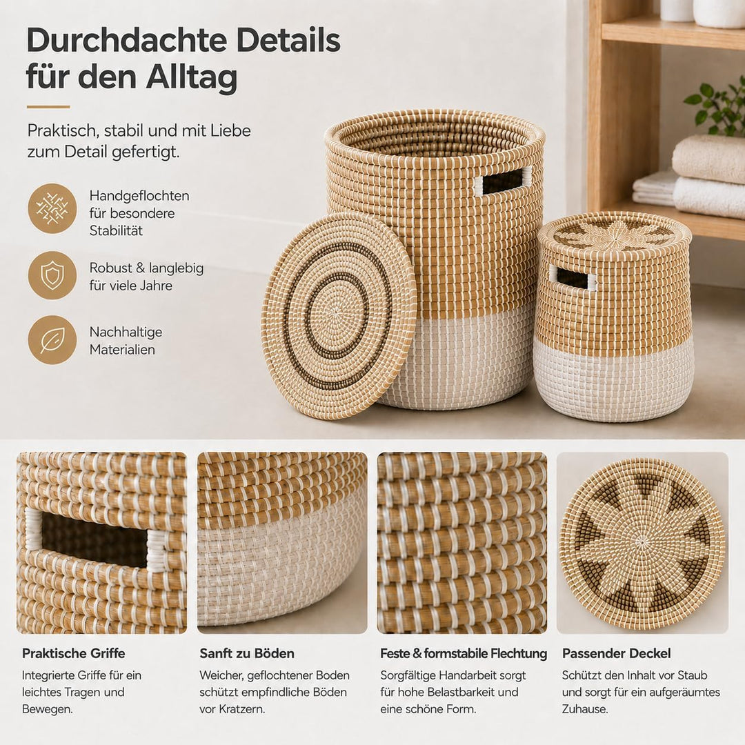2 Stück Aufbewahrungskorb geflochten, Wäschekorb mit deckel, Seegras Korb gross L/S(87L/46L), Handge