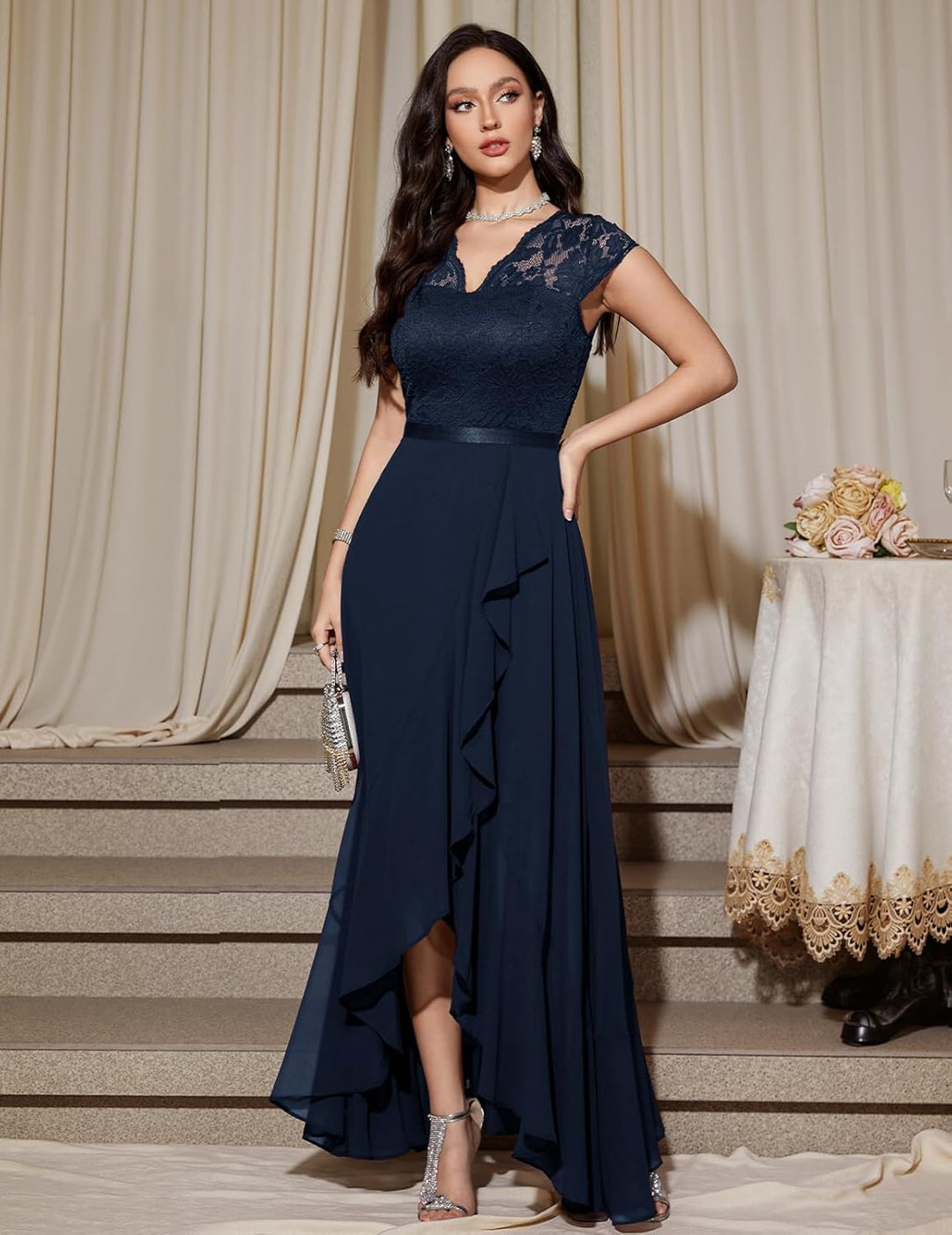 Bbonlinedress Abendkleider elegant für Hochzeit Spitzenkleid Chiffon Hi-Lo Kleid Brautjunferkleid Pa