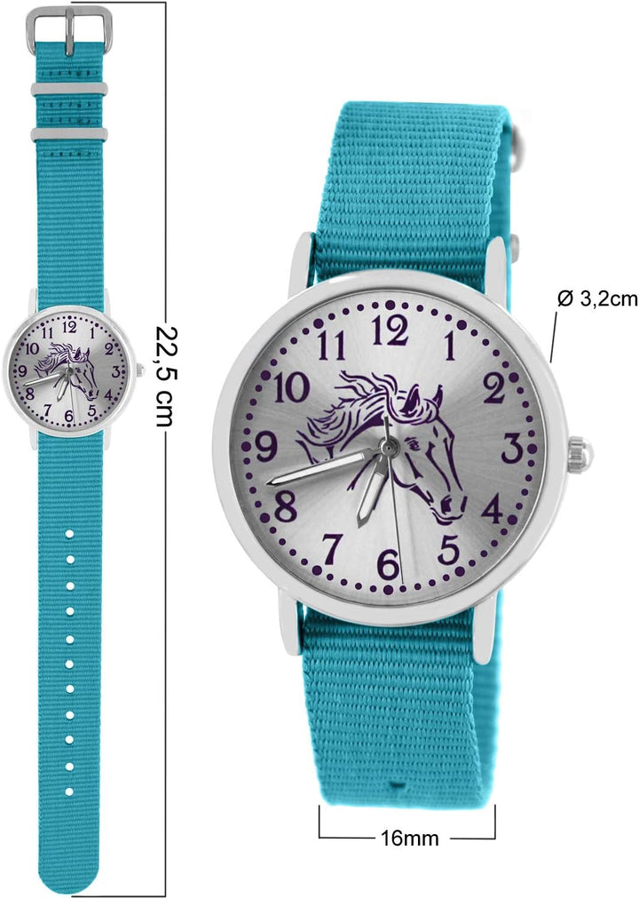 Pacific Time Mädchen Uhr Pferde analog Quarz mit Textil Wechselarmband hell blau