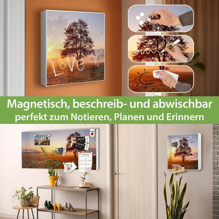 banjado® Grosser Schlüsselkasten Glas/Schlüsselbox 30cm x 30cm mit 50 Haken - Motiv Sonnenaufgang/Sc