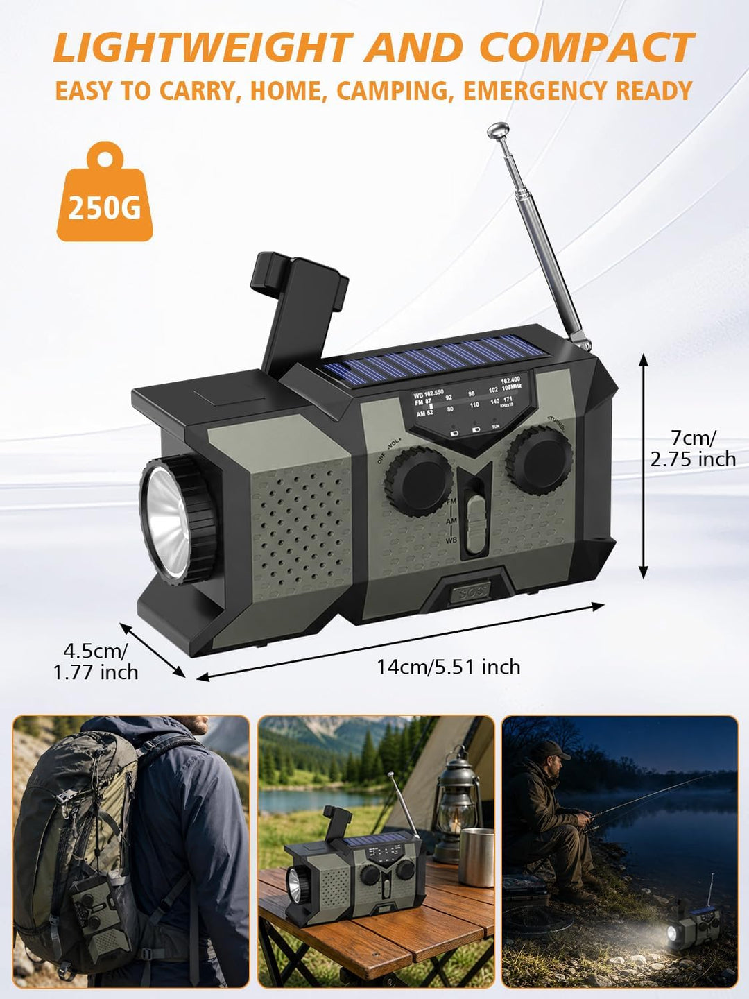 Notfall-Solarradio, Tragbares Kurbelradio mit 3-Wege-Laden, AM/FM/SW Weltempfänger, LED Taschenlampe