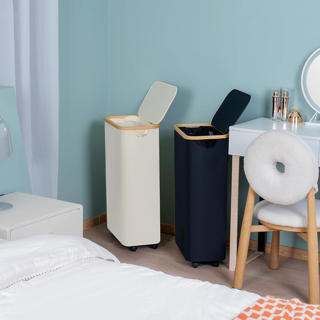 efluky Wäschekorb mit Rollen, 75L Faltbarer Wäschekorb mit Deckel, Beige Schlanker Wäschebehälter mi