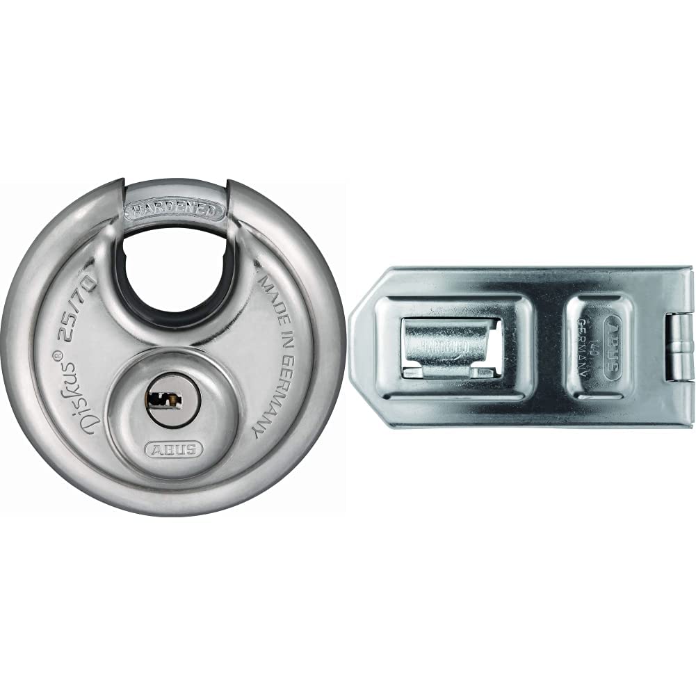 ABUS Diskus Vorhängeschloss 25/70 - inkl. 5 Schlüssel - Silber & Diskus Überfalle 140/120 - Vorricht
