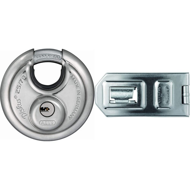 ABUS Diskus Vorhängeschloss 25/70 - inkl. 5 Schlüssel - Silber & Diskus Überfalle 140/120 - Vorricht