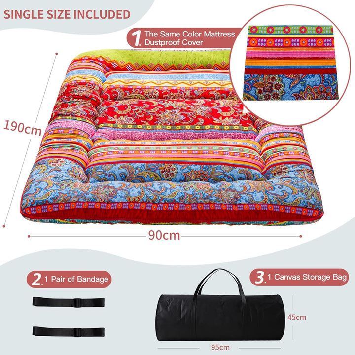 MAXYOYO Böhmische Retro-Bodenmatratze, Vintage-Blumenmuster, japanische Futon-Matratze, aufrollbar,