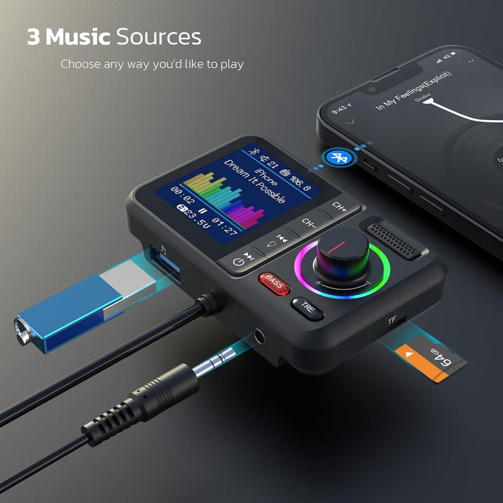 Nulaxy Bluetooth Adapter Auto FM Transmitter Bluetooth V5.0 Grosser Bildschirm Unterstützung für Han