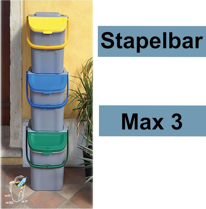 Hummelladen Stapelbarer Müllsortierer 28 Liter Grau mit Gelbem Faltdeckel 39x37x41 cm Mülleimer Müll