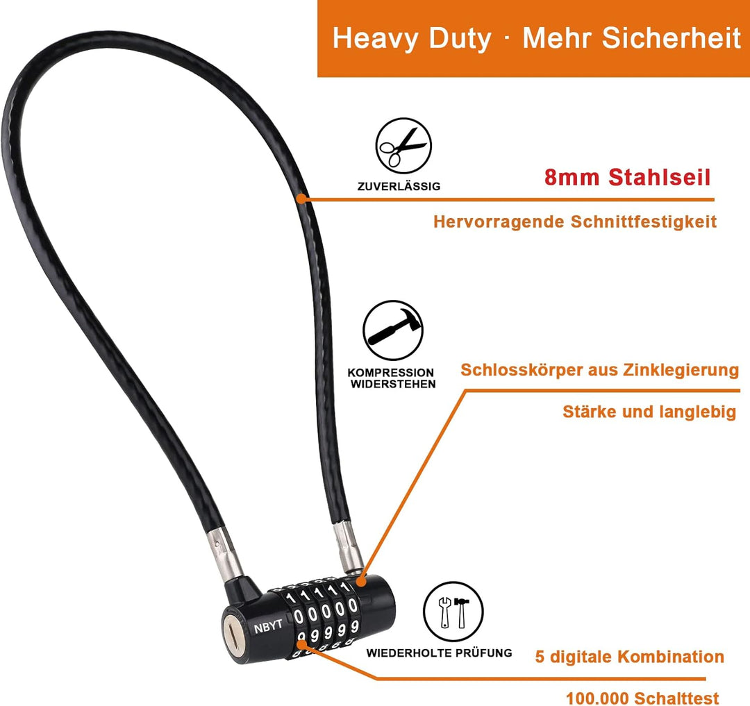 NBYT Kabel Draht Kombinations Vorhängeschloss,58cm Länge,8mm Durchmesser, für Schranktürgriffe, Fahr