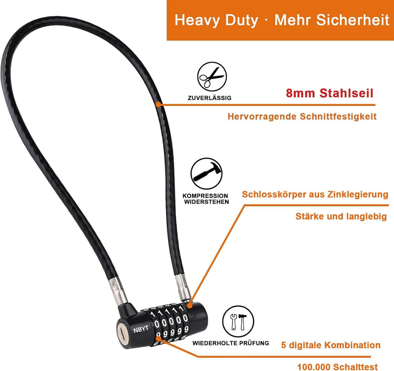 NBYT Kabel Draht Kombinations Vorhängeschloss,58cm Länge,8mm Durchmesser, für Schranktürgriffe, Fahr
