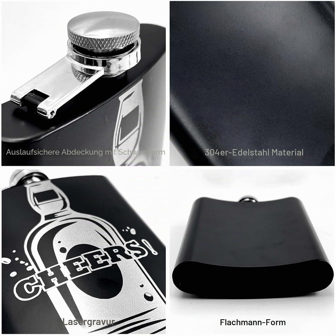 Daily Treasures Whisky-Geschenkset in Holzbox mit 236ml Edelstahlflasche, 2 Gläsern + Trichter | CHE