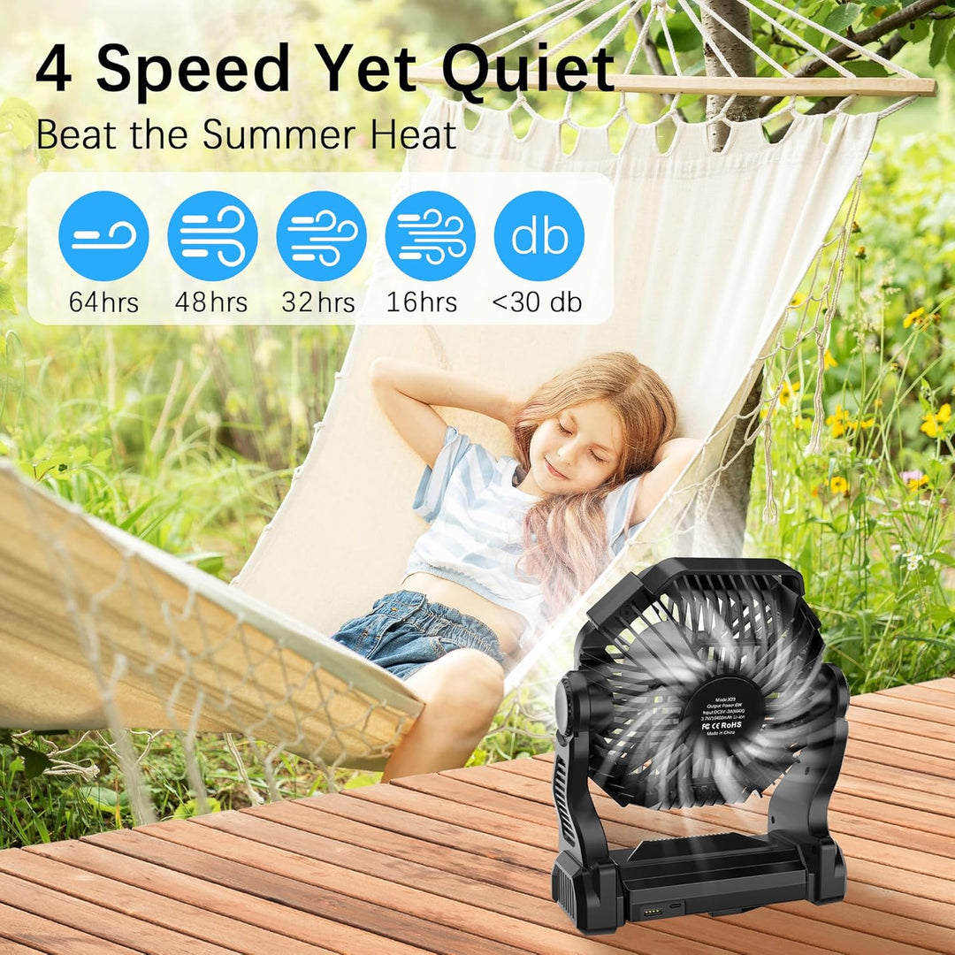 20.000 mAh Campingventilator mit LED-Licht, 4 Geschwindigkeitsstufen, USB-ventilator,es wiederauflad