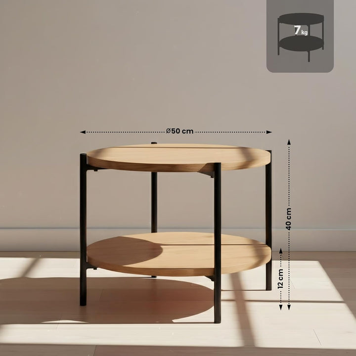 CLP Couchtisch rund Holz Edduma, Sofatisch 2 Ebenen mit Stauraum, Beistelltisch klein Metallgestell