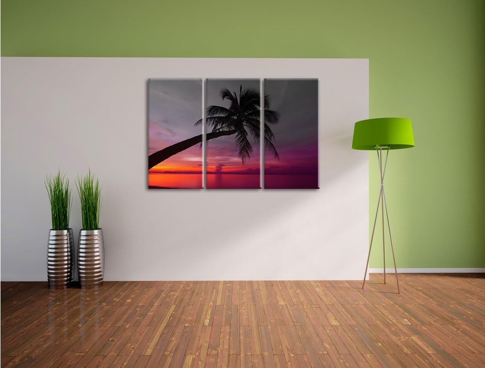 Pixxprint Palme am Meer mit Sonnenuntergang als Leinwandbild/Grösse: 3 Teilig (120x80) cm/Wandbild/K