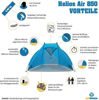 outdoorer Leicht-Strandmuschel Helios Air 850 Strandzelt mit UV 80 Sonnenschutz, kompakt, kleines Pa