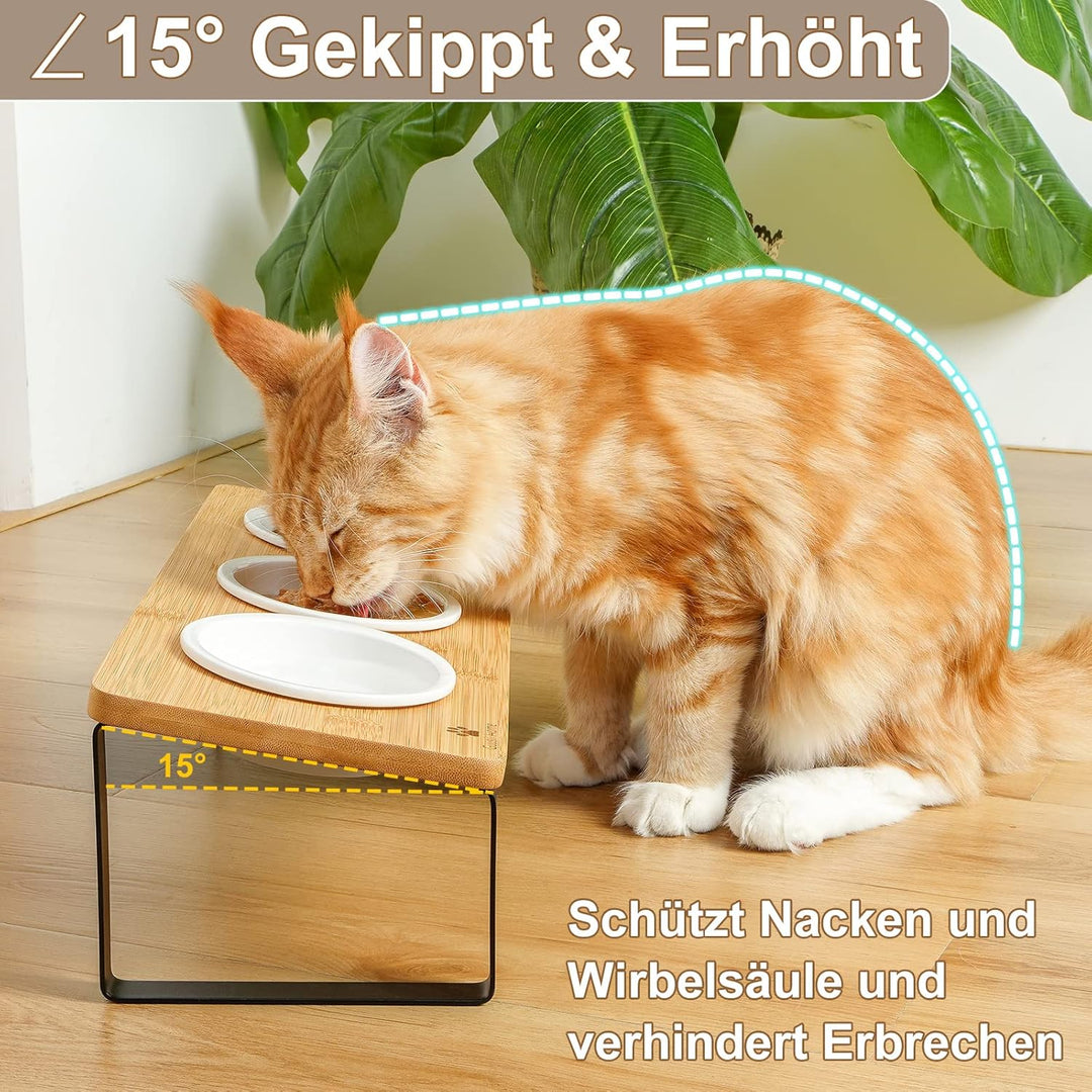 GUUSII HOME Katzennapf Erhöht Futternapf Katze Futterstation, Keramik Napf, Fressnapf 3er Set Holz,