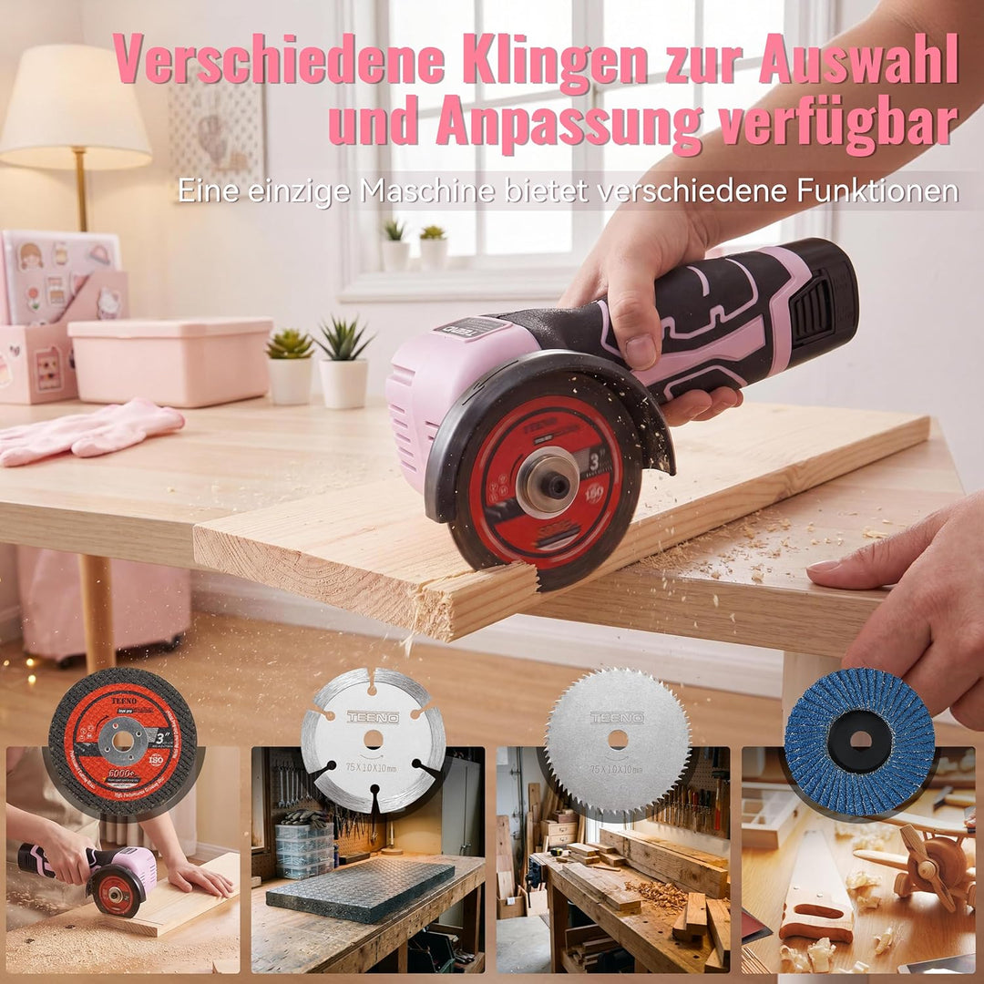 TEENO Mini Winkelschleifer Rosa 76 mm, Akku Winkelschleifer Kabellos 19.500 U/min mit 2 Akkus 2000 m
