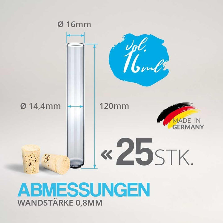 Tuuters Glas Reagenzglas mit Korken 25 Stück (120 x ø 16 mm) Gewürzgläser | Reagenzgläser für Blumen