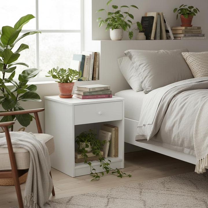 Leomark Nachttisch aus Holz - White Classic - Nachtschränkchen mit Schublade, Nachtschrank für Kinde
