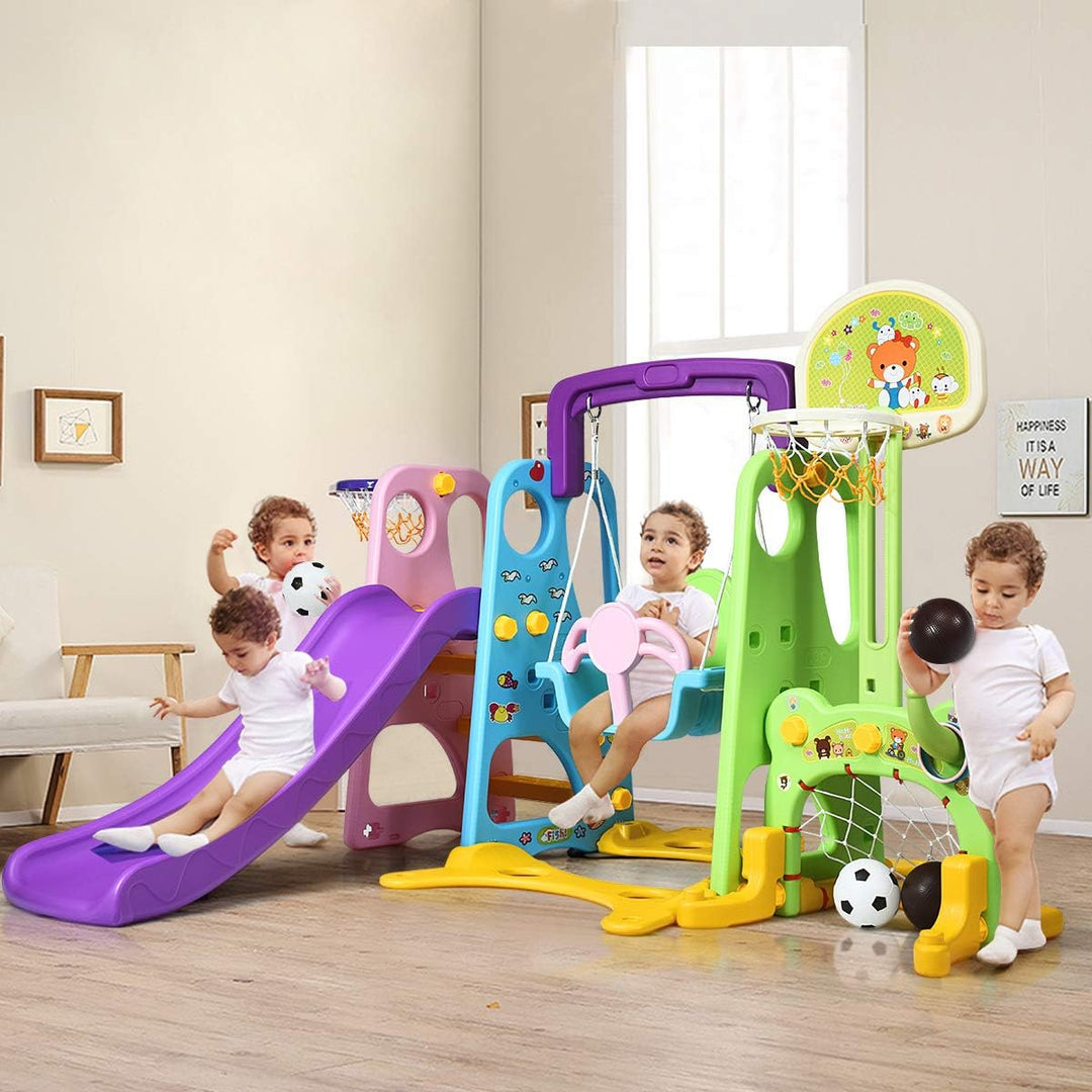COSTWAY 6 in 1 Kinder Rutsche mit Schaukel, Kinderrutsche Indoor mit Basketballkorb &amp; Fussballtor &amp;