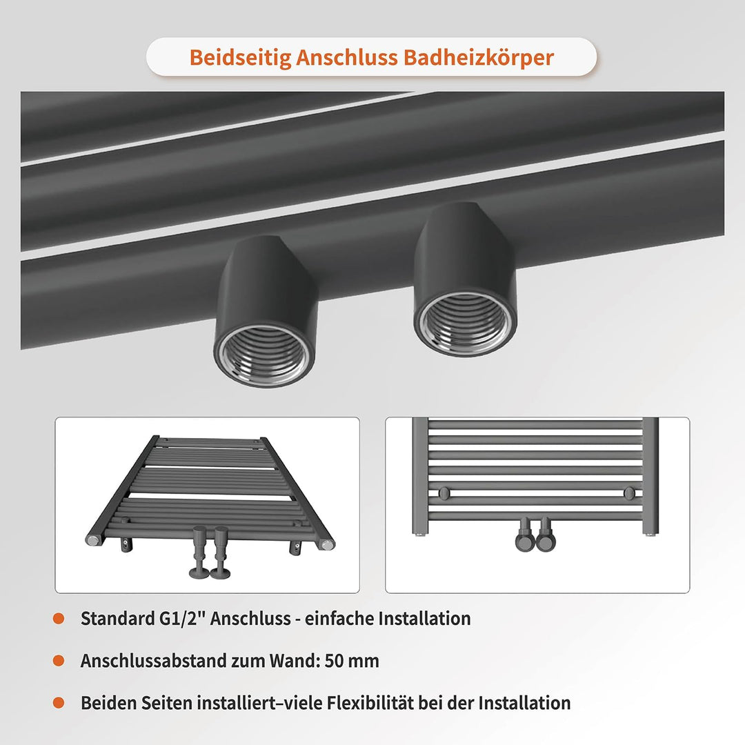 Badheizkörper Mittelanschluss 1200x600 mm, 600W Handtuchheizkörper & Handtuchtrockner, Einfach Insta