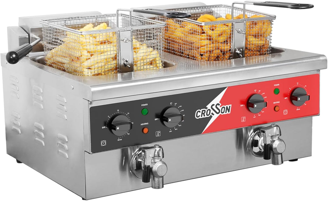 CROSSON Elektrische Fritteuse mit zwei Tanks, Abfluss, festem Korb und Deckel für den Restaurant- un