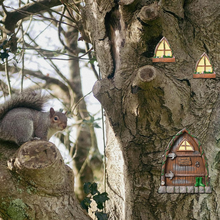 Pumwoy Feentür Wichteltür 1 Wichteltür + 2 Wichtelfenster, Wichteltür Gartendeko Leuchten im Dunkeln