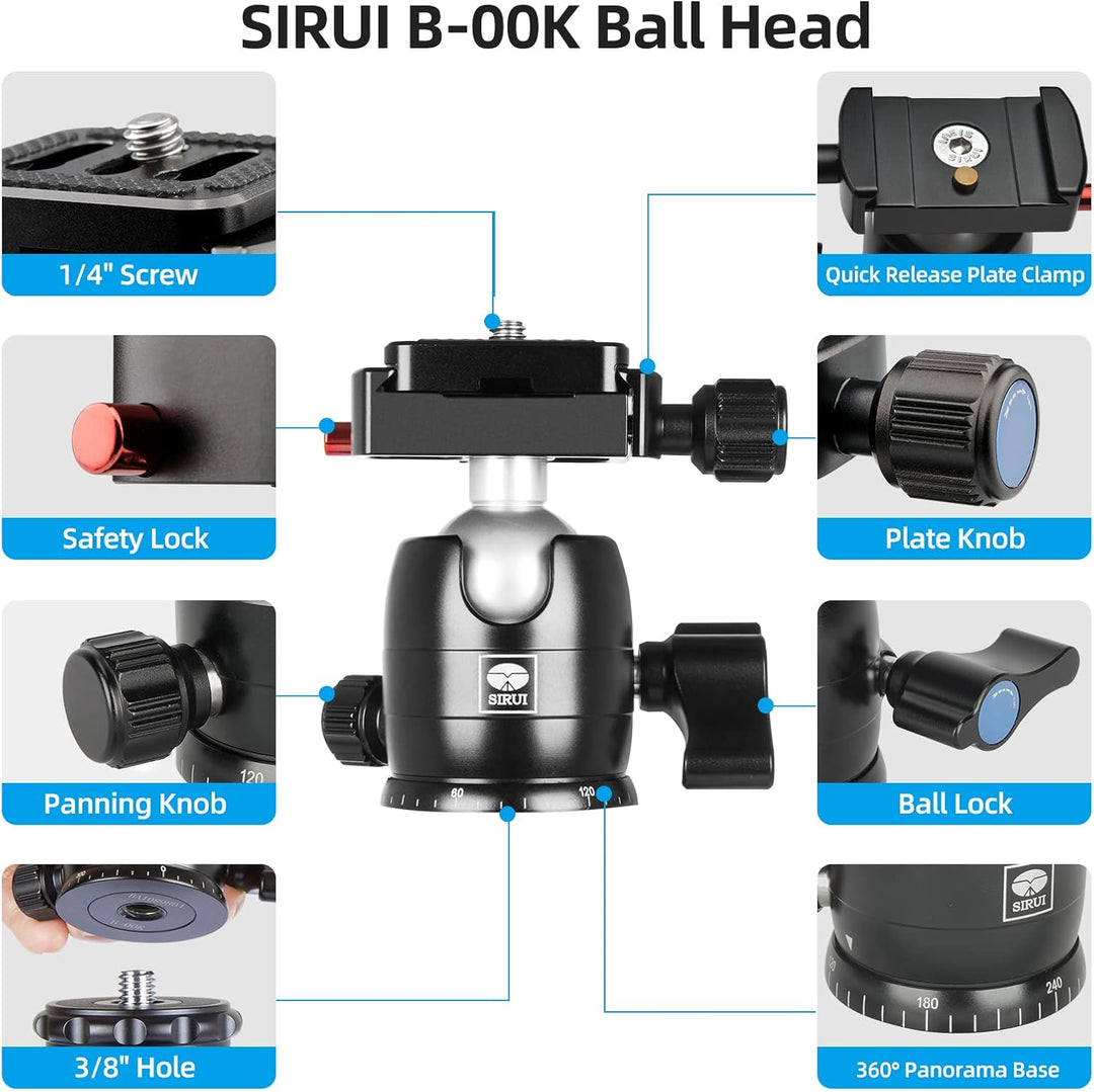 SIRUI Carbon Kamera Stativ mit B-00K Kugelkopf, 151,9 cm kompaktes,Schnellverschluss-Bein,wendbare M