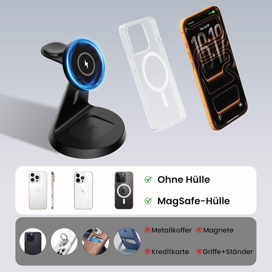 JoyGeek Ladestation Apple Watch und iPhone für Magsafe, 3 in 1 Induktive Ladegerät Schnellladung für