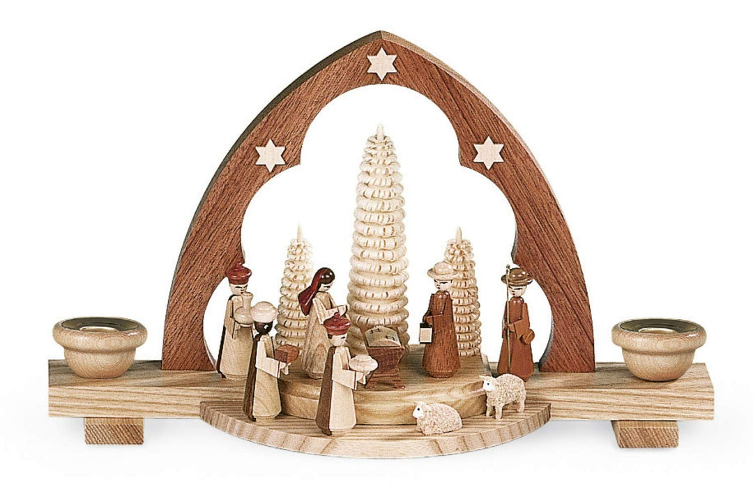 Mueller Schwibbogen Christi Geburt mit Krippe Spitzbogen, Länge 30 cm, natur, original Erzgebirge Se