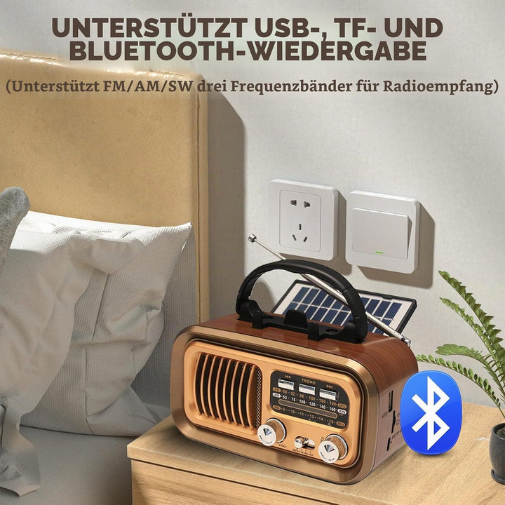 Tragbar Retro Radio mit Bluetooth, AM/FM/SW Solar Kofferradio Batteriebetrieb/D-Zellen Betrieb, Laut