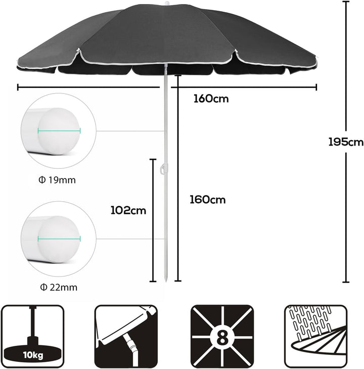 Sekey 160 cm Sonnenschirm Strand mit Schutzhülle für Balkon Garten & Terrasse Neigungswinkel und Höh