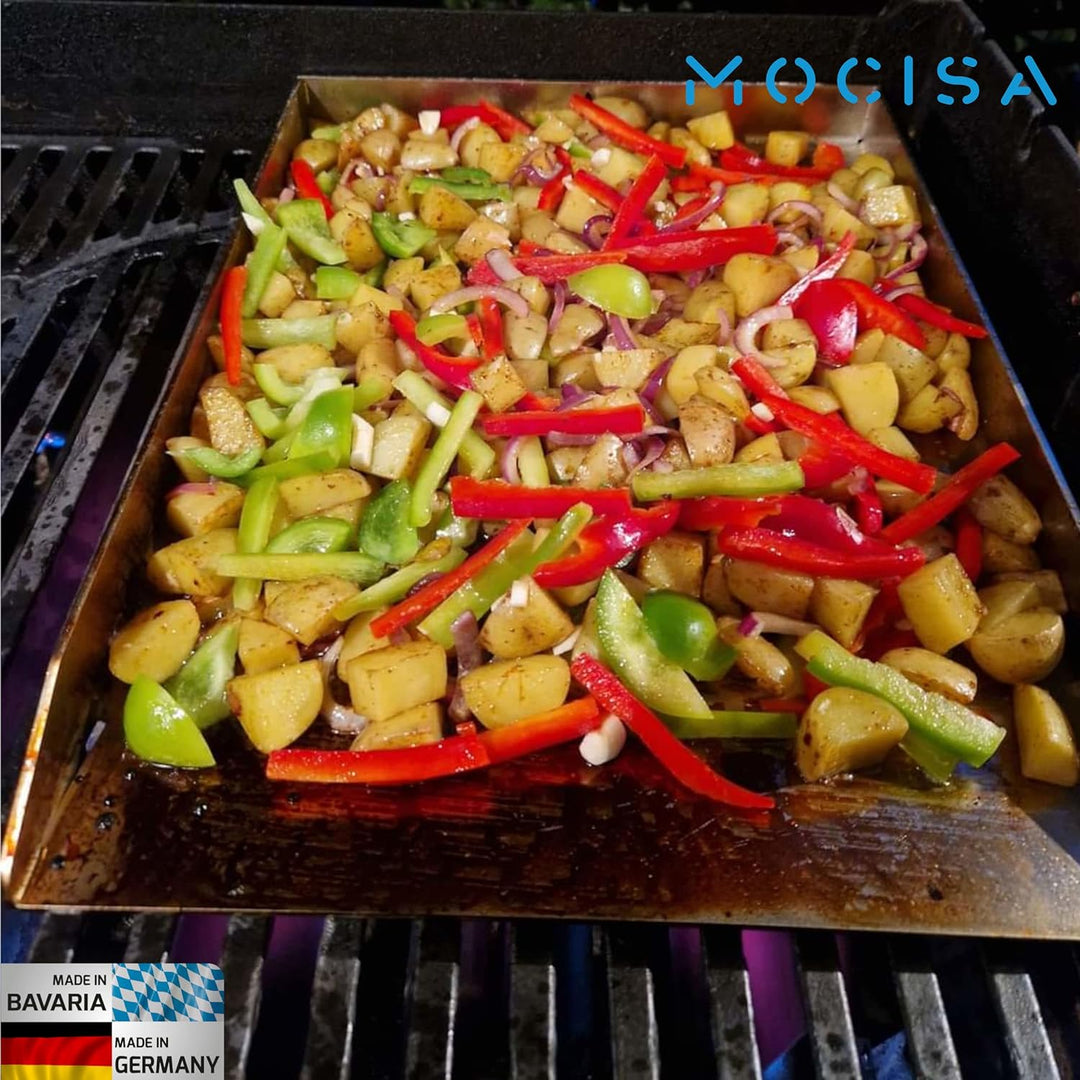 mocisa Grillplatte | Plancha | BBQ-Wanne | Grillkorb | Made in Germany | Edelstahl | Massiv | hochwe
