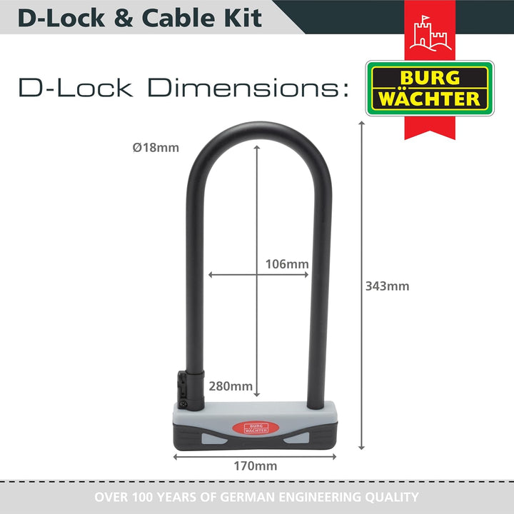 Burg Wächter 1600HB 1600 HB KIT Gold Sold Secure Fahrrad-D-Schloss, schwarz, grosses 2,1 m langes Ka
