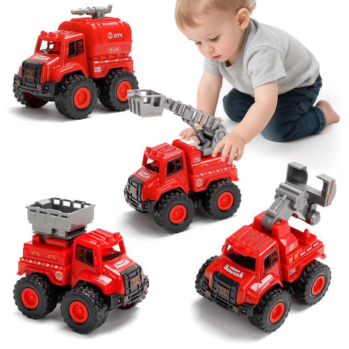 4er Set Feuerwehrautos Spielzeug für Kinder – Push and Go Feuerwehr Fahrzeuge ohne Batterie – Inkl.